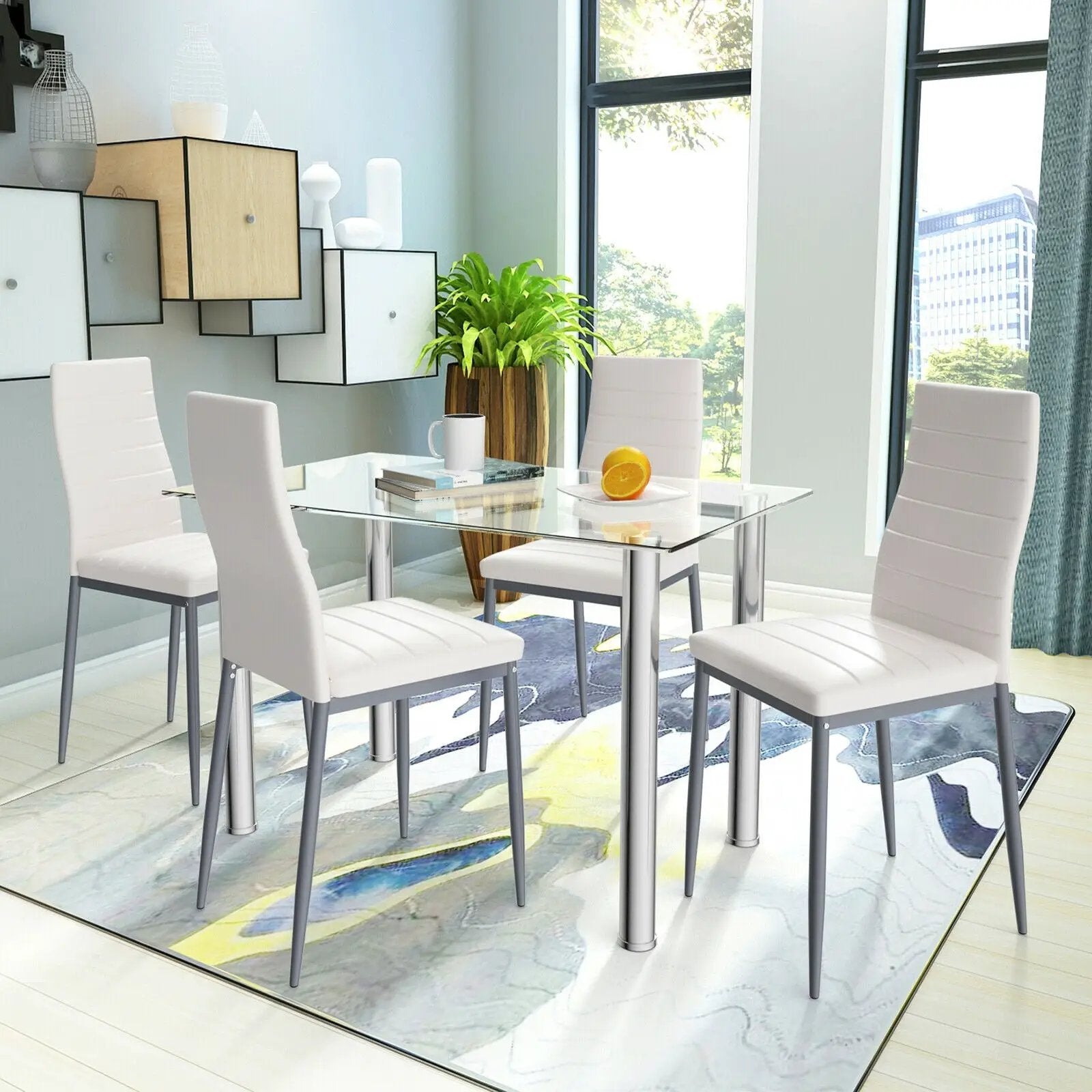 5 Pieces Dining Set with 4 PVC Leather Chairs by DirectDeals