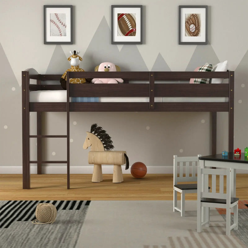 Wooden Twin Low Loft Bunk Bed with Guard Rail and Ladder by DirectDeals