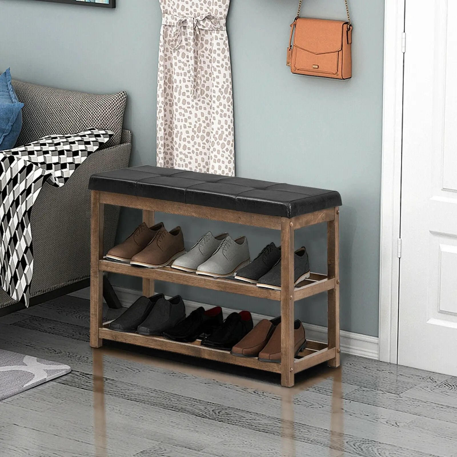 2-Tier Wooden Shoe Rack Bench with Padded Seat by DirectDeals