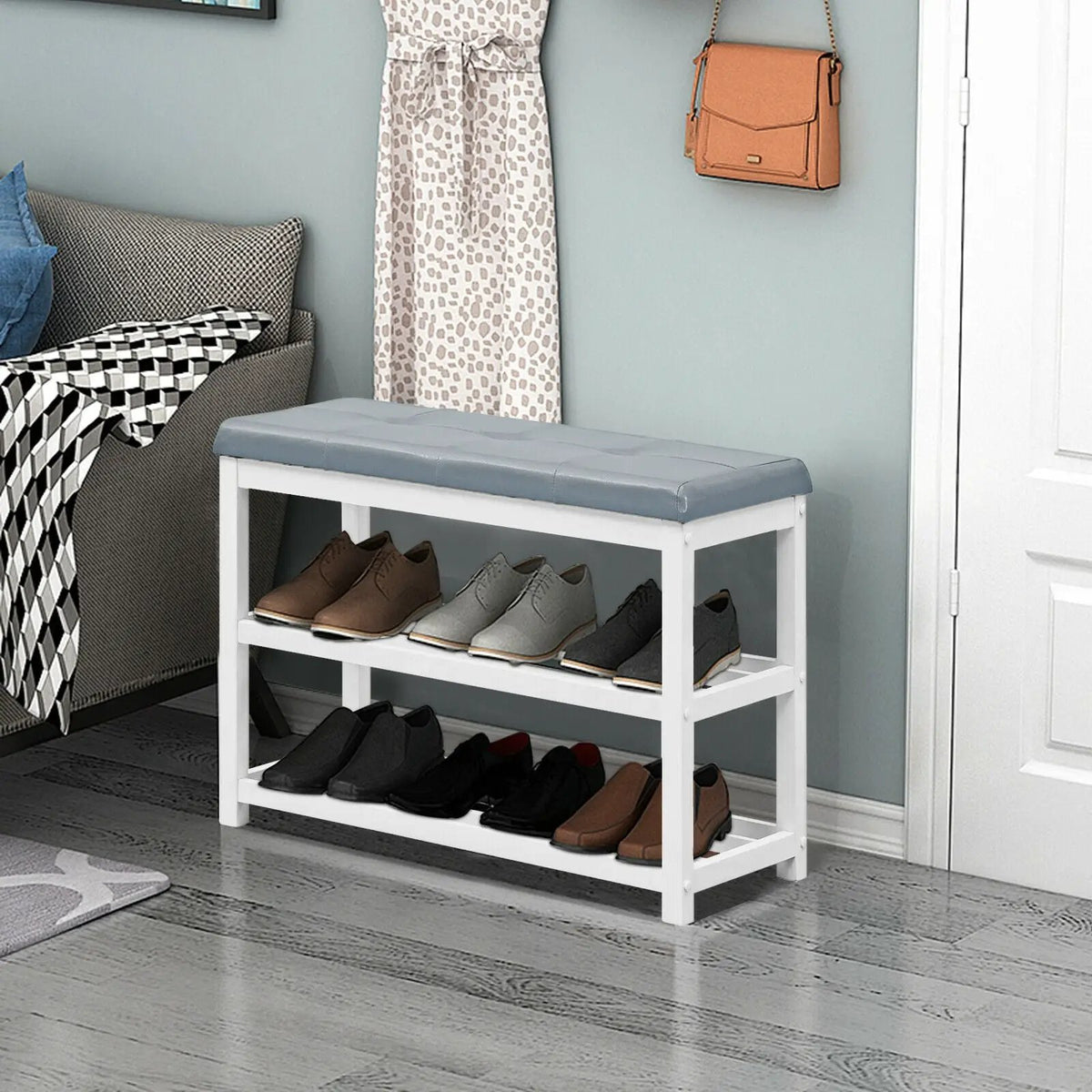 2-Tier Wooden Shoe Rack Bench with Padded Seat, photo 2 of 16