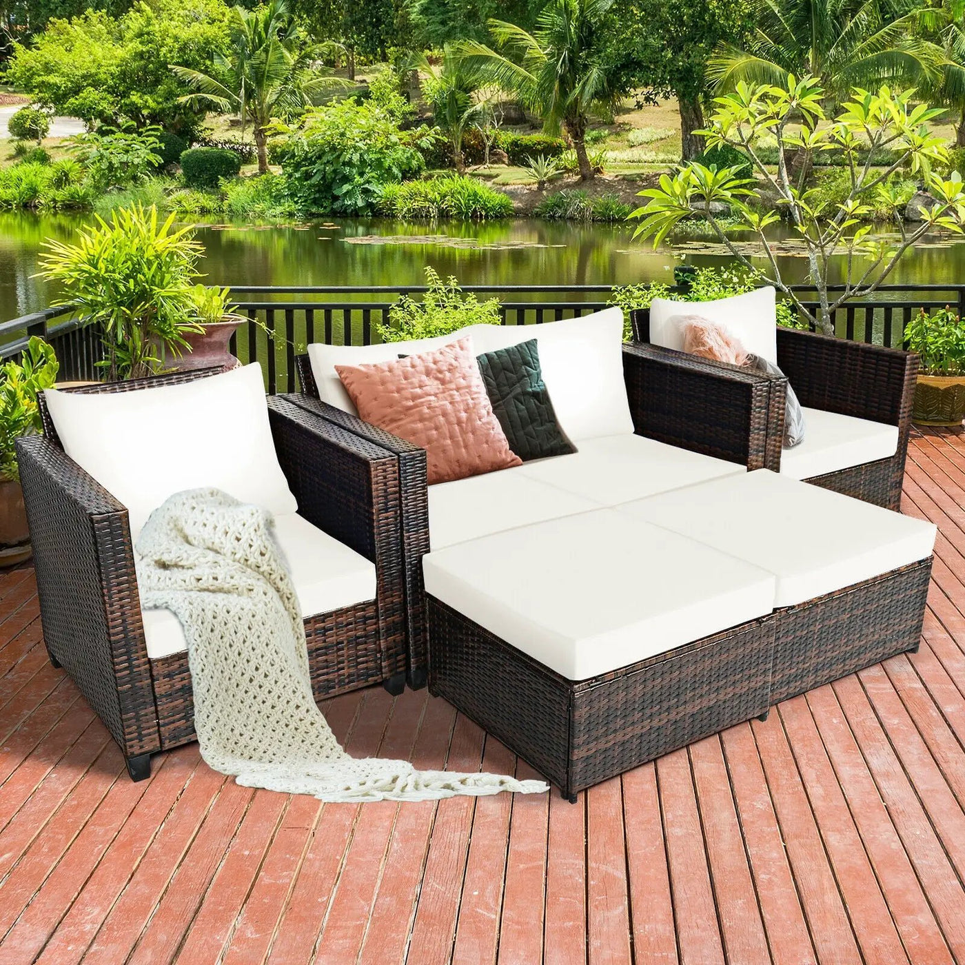 5 Pieces Patio Cushioned Rattan Furniture Set by DirectDeals