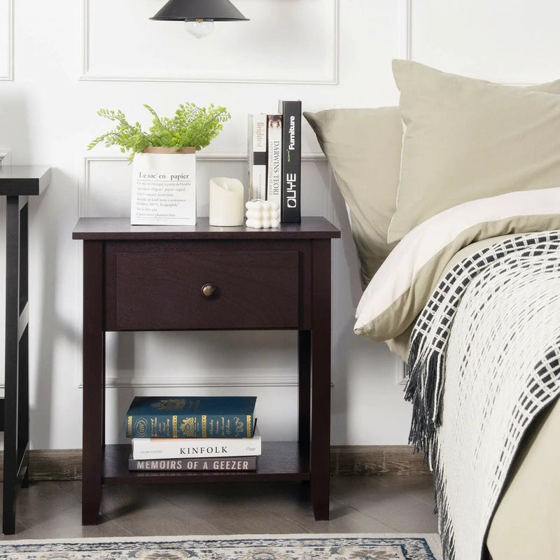 Nightstand with Drawer and Storage Shelf for Bedroom Living Room-Espresso by DirectDeals