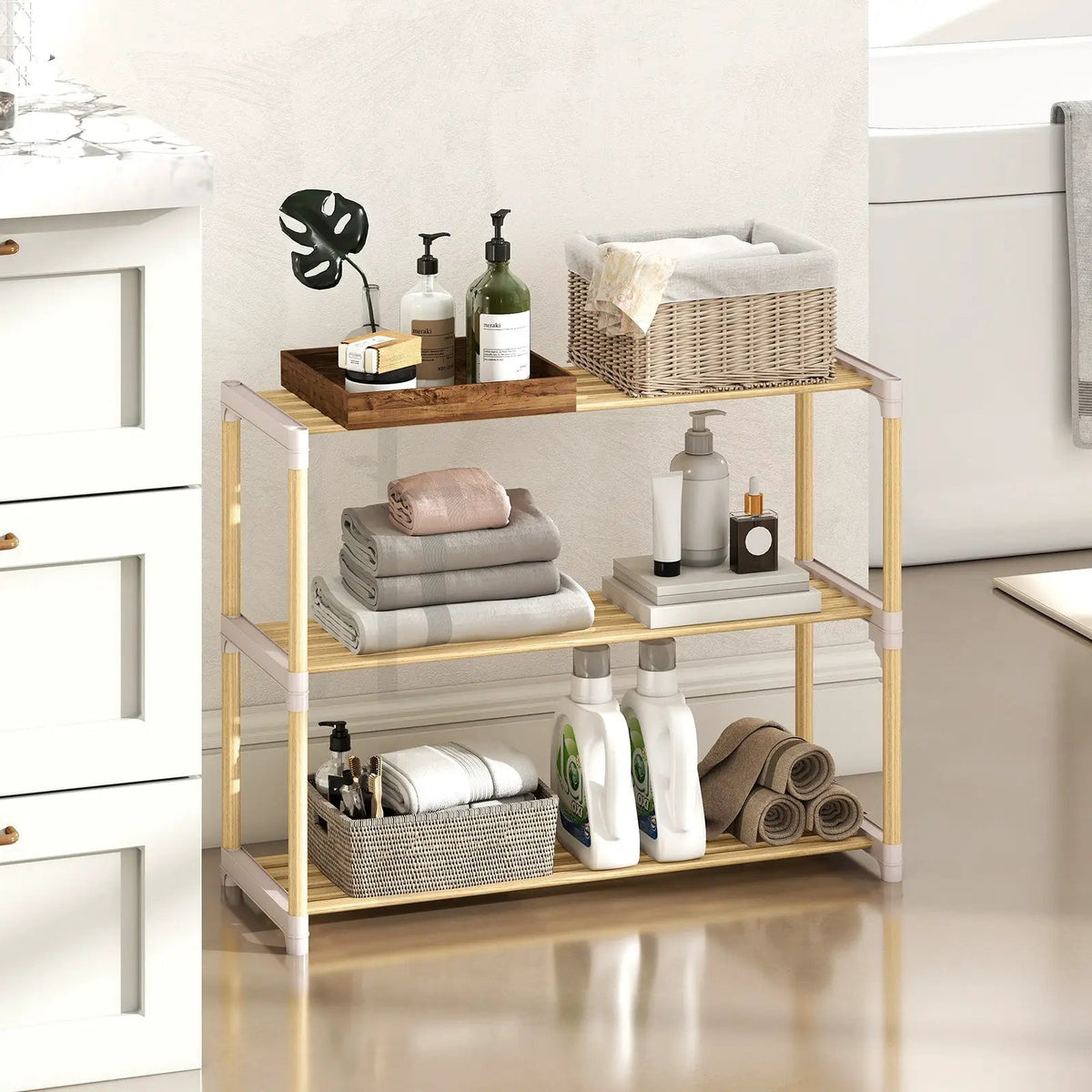 3-Tier Solid Wood Shoe Rack with Slatted Shelves