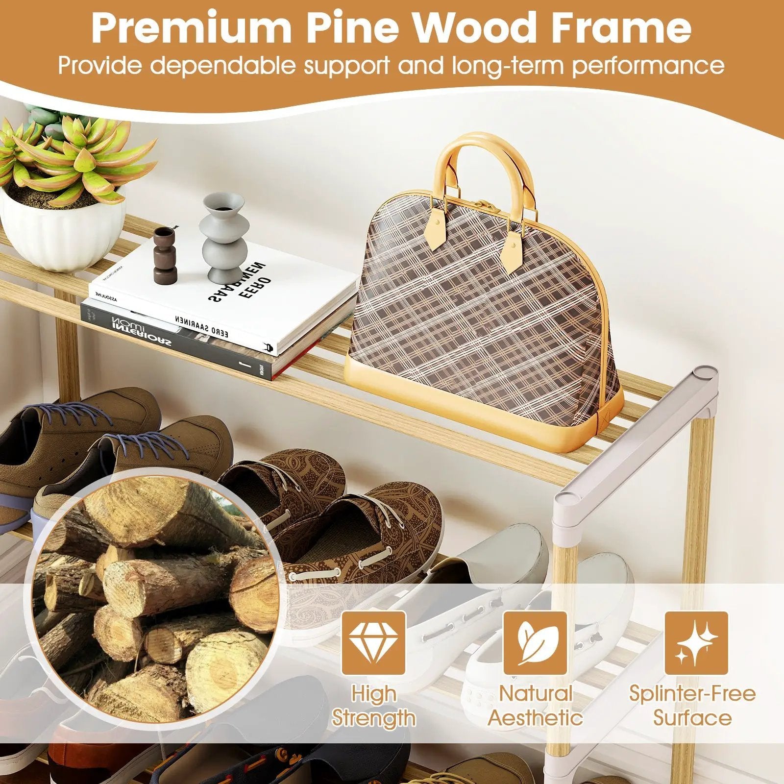 3-Tier Solid Wood Shoe Rack with Slatted Shelves by DirectDeals
