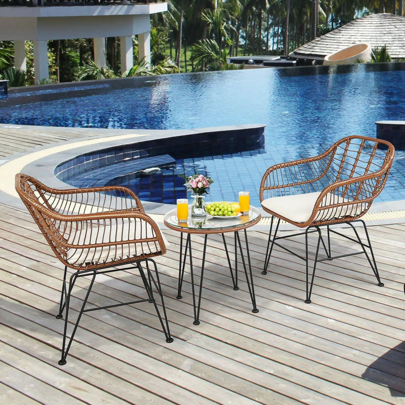 3-Piece Rattan Bistro Set with Cushions and Glass Table by DirectDeals
