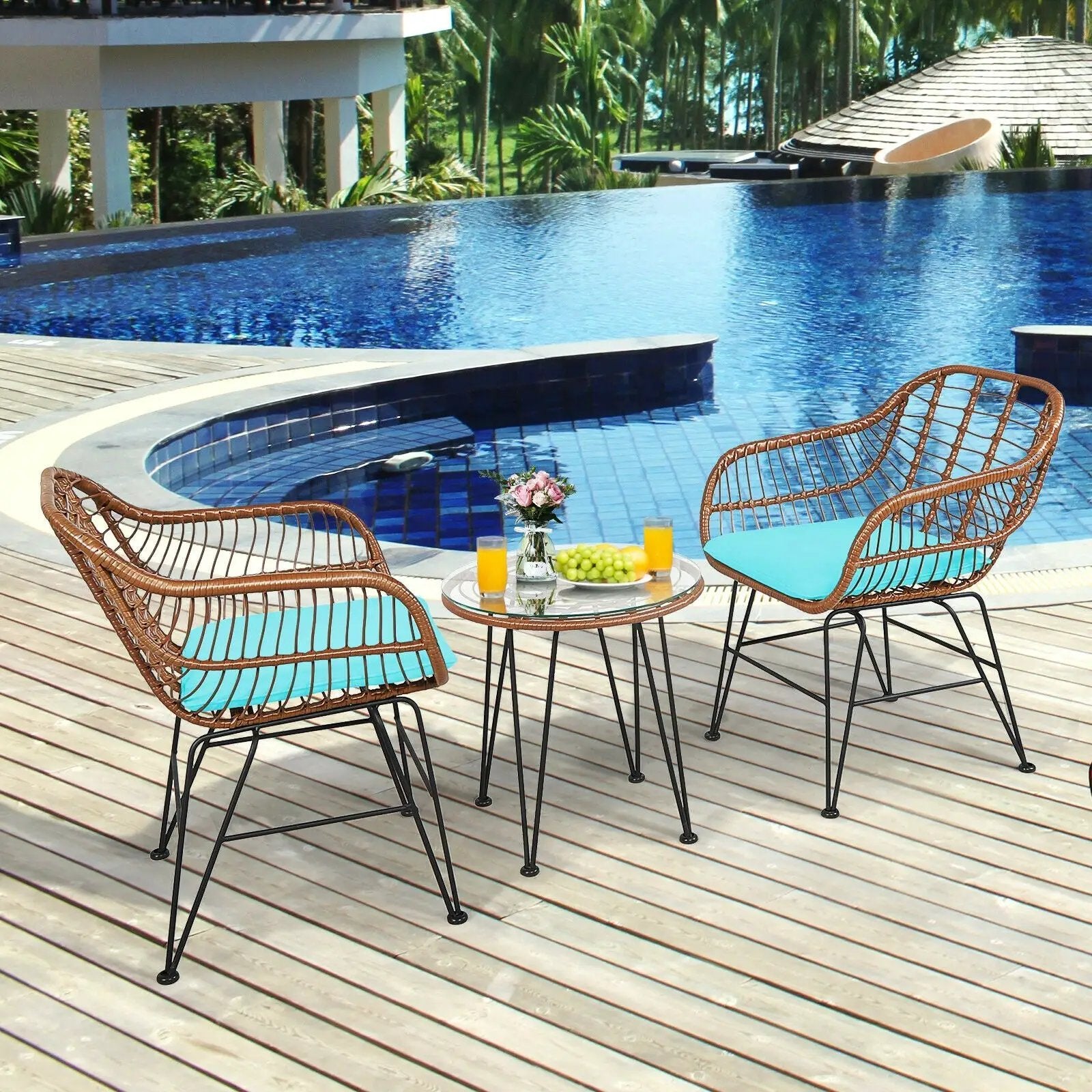 3-Piece Rattan Bistro Set with Cushions and Glass Table by DirectDeals