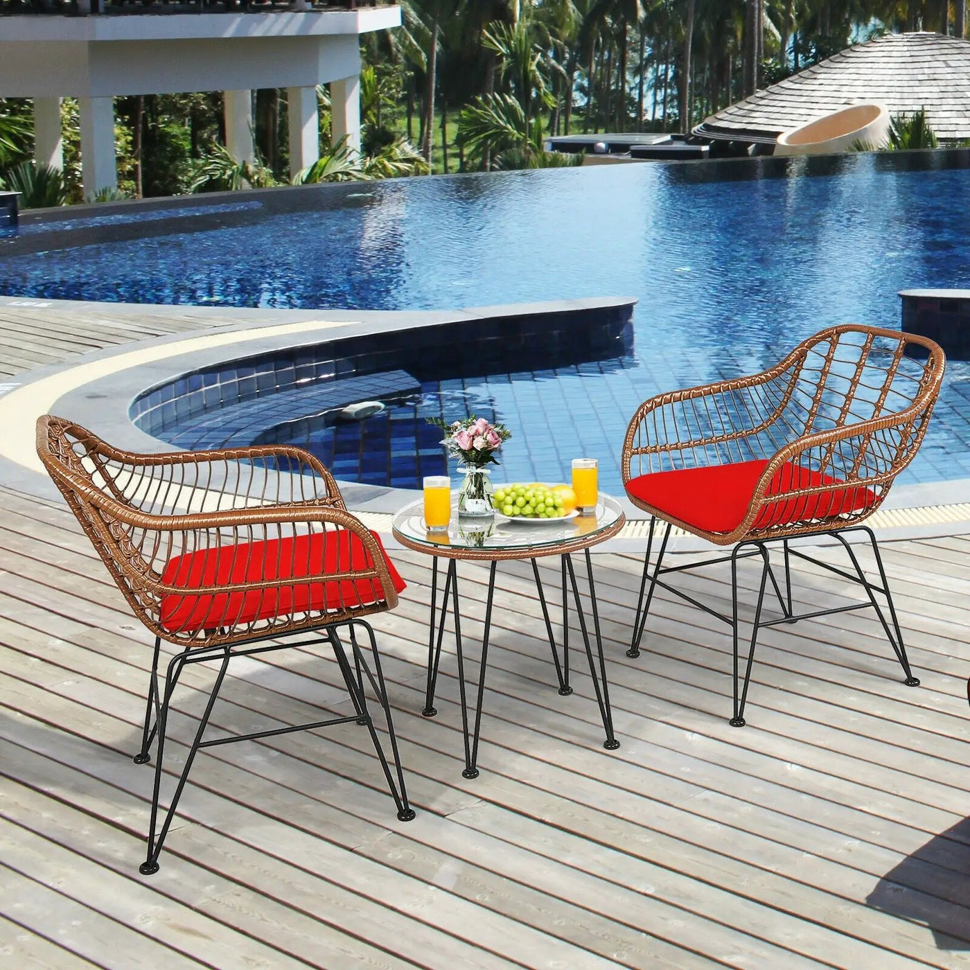 3-Piece Rattan Bistro Set with Cushions and Glass Table by DirectDeals