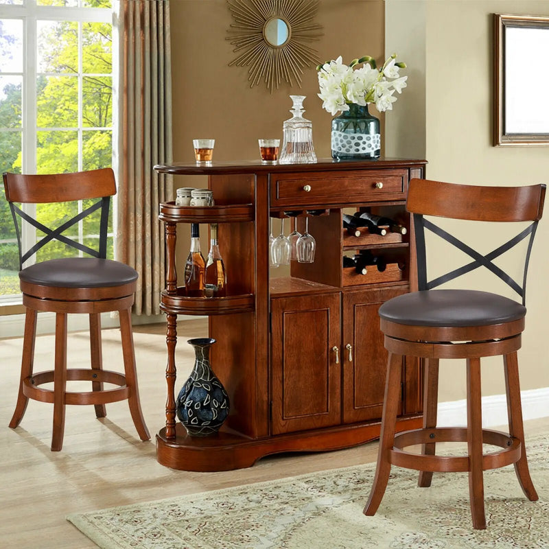 Set of 2 Bar Stools 360-Degree Swivel Dining Bar Chairs with Rubber Wood Legs by DirectDeals