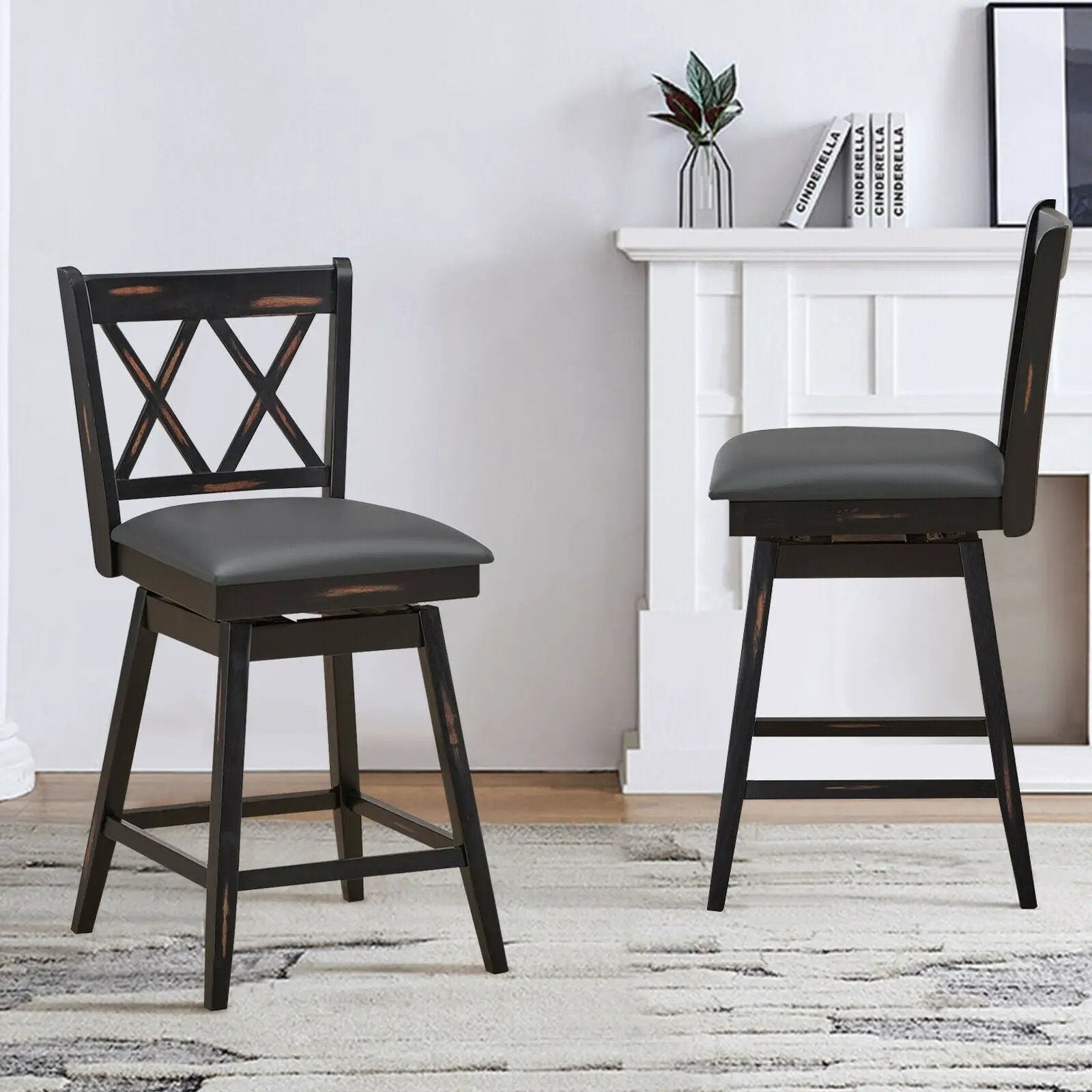 2 Pieces 24 Inch Swivel Counter Height Barstool Set with Rubber Wood Legs by DirectDeals