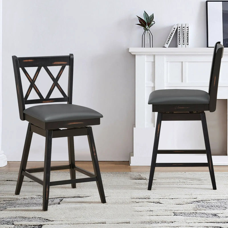 2 Pieces 24 Inch Swivel Counter Height Barstool Set with Rubber Wood Legs by DirectDeals
