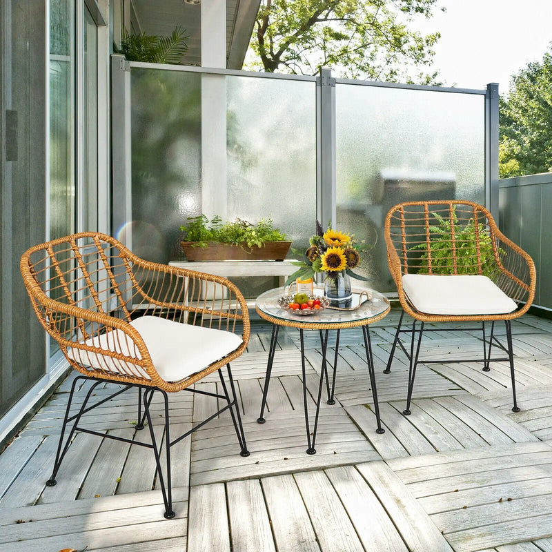 3 Pieces Rattan Furniture Set with Cushioned Chair Table by DirectDeals
