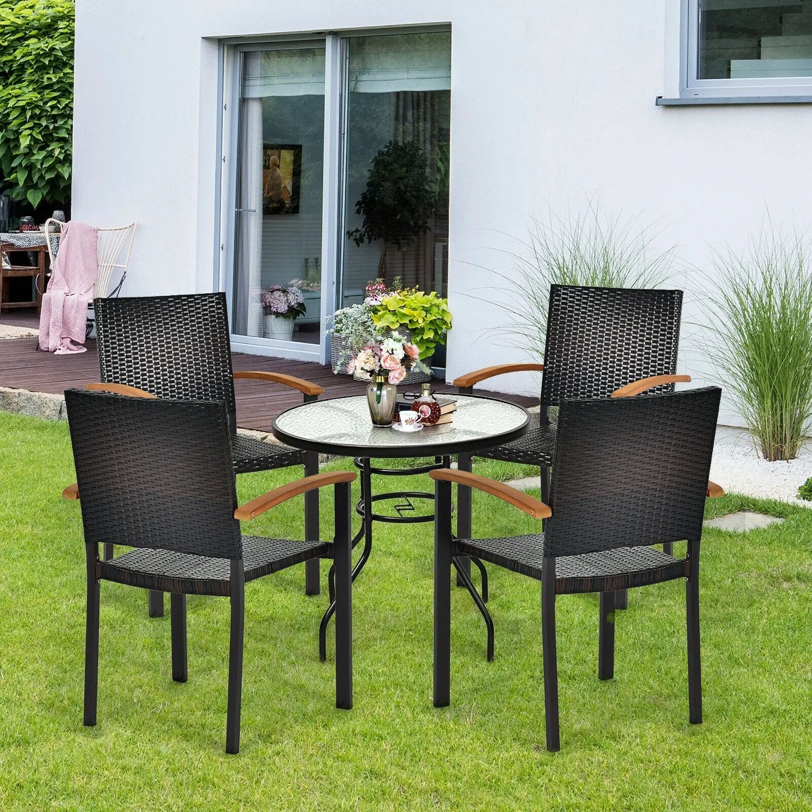 Set of 4 Outdoor Patio PE Rattan Dining Chairs with Powder-coated Steel Frame by DirectDeals