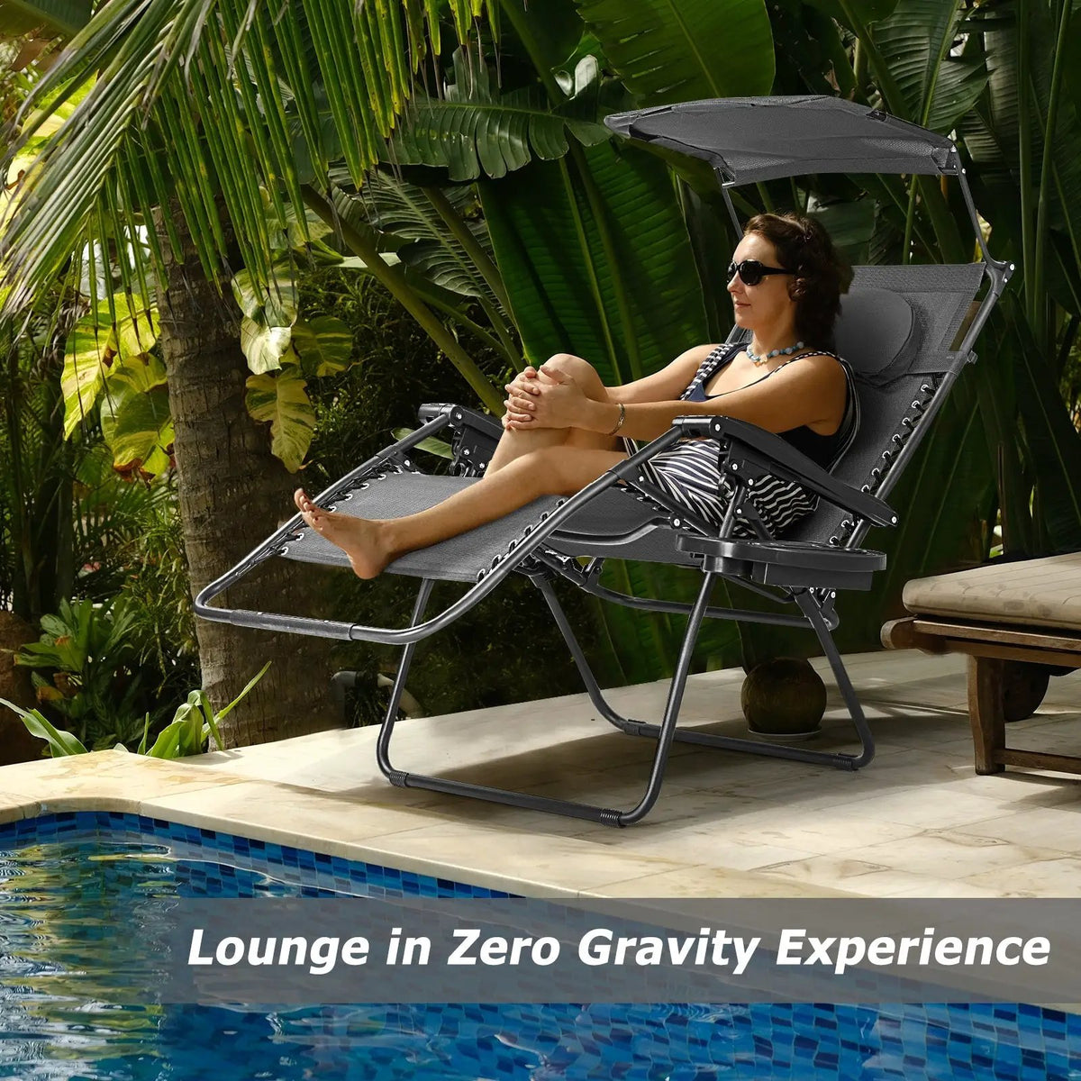 Folding Recliner Lounge Chair with Shade Canopy Cup Holder, photo 2 of 10