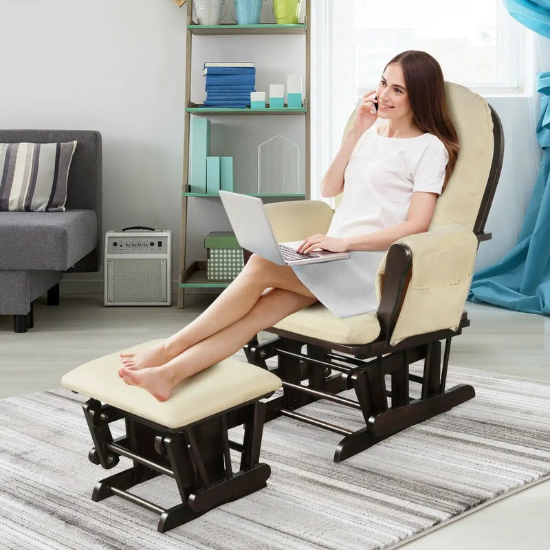 Wood Glider and Ottoman Set with Padded Armrests and Detachable Cushion by DirectDeals