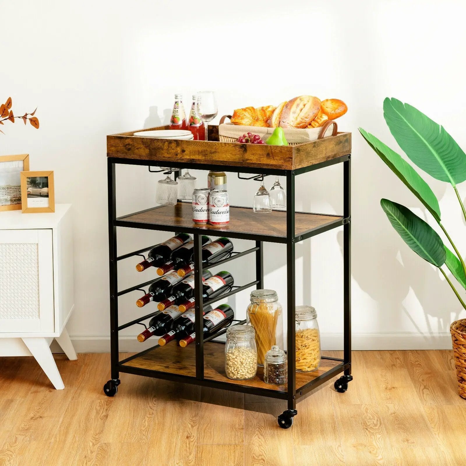 3-Tier Wood Rolling Kitchen Serving Cart with 9 Wine Bottles Rack Metal Frame-Rustic Brown by DirectDeals