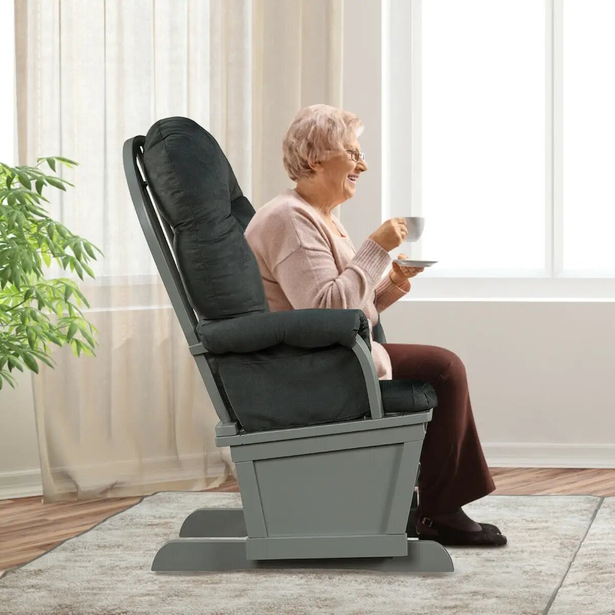 Wood Baby Glider and Ottoman Cushion Set with Padded Armrests for Nursing by DirectDeals