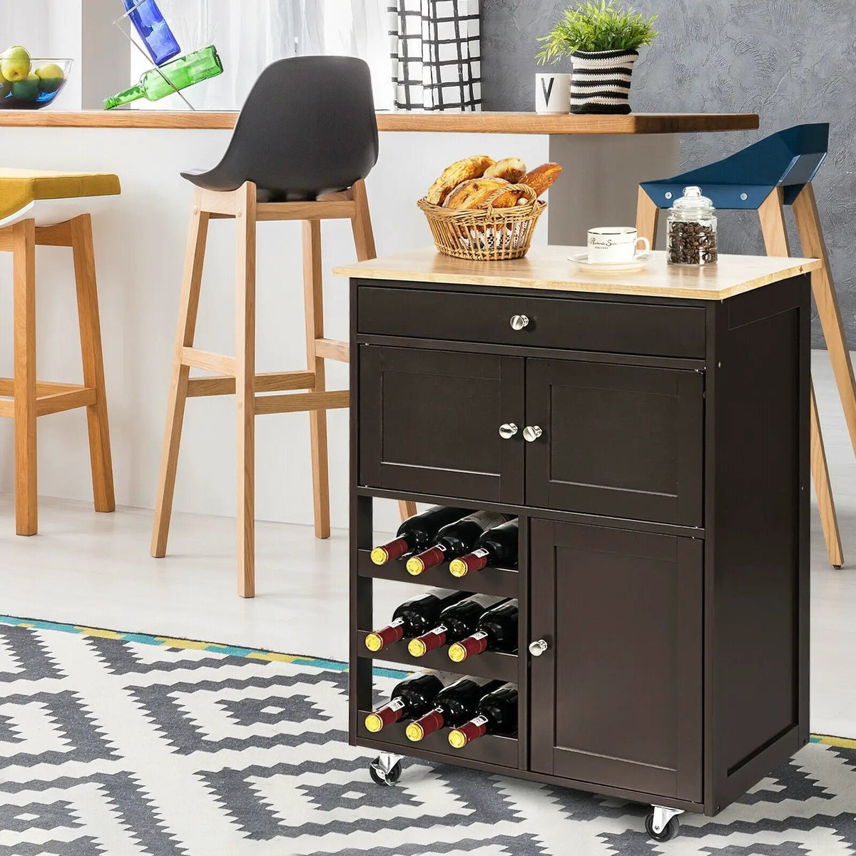 Kitchen Cart with Rubber Wood Top 3 Tier Wine Racks 2 Cabinets, photo 11 of 16