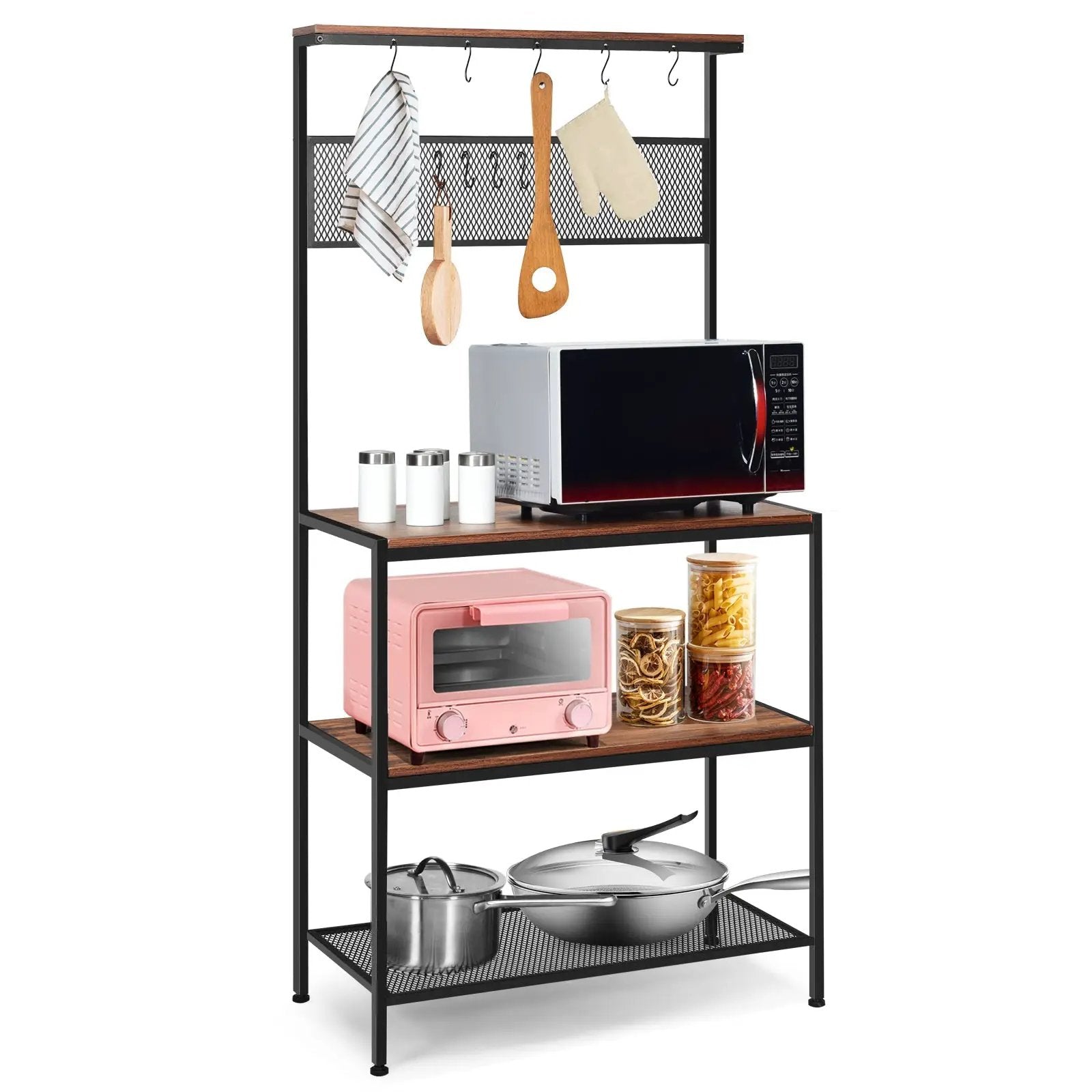 4-Tier Kitchen Rack Stand with Hooks and Mesh Panel by DirectDeals