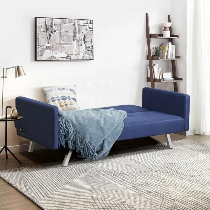 3 Seat Convertible Linen Fabric Futon Sofa with USB and Power Strip by DirectDeals