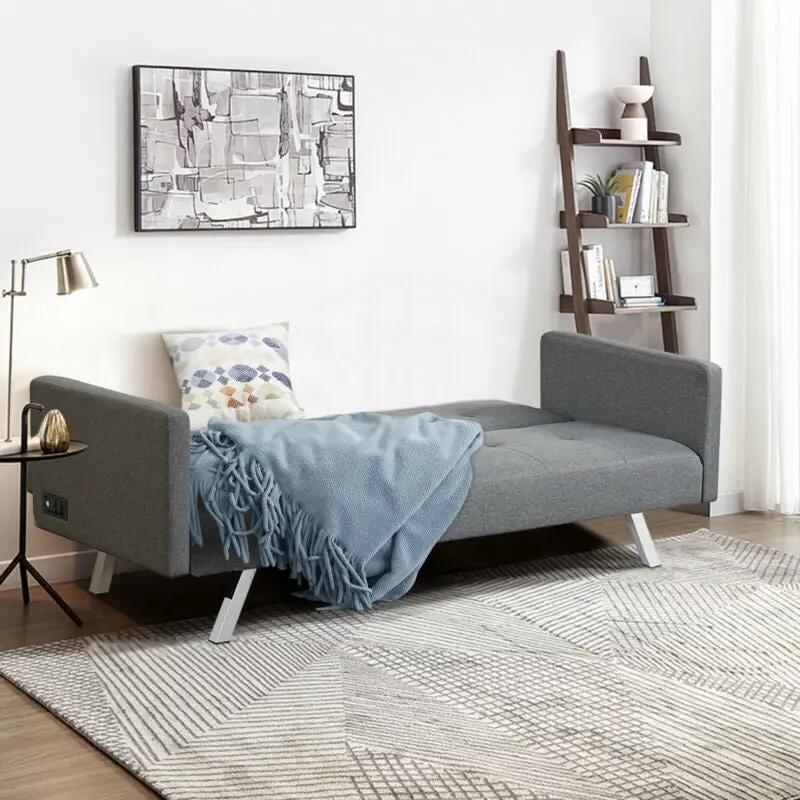 3 Seat Convertible Linen Fabric Futon Sofa with USB and Power Strip, photo 4 of 16