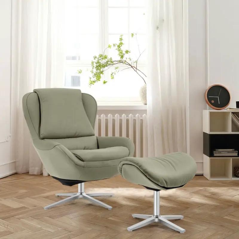 360¬∞ Swivel Leather Lounge Chair with Ottoman and Aluminum Alloy Base by DirectDeals