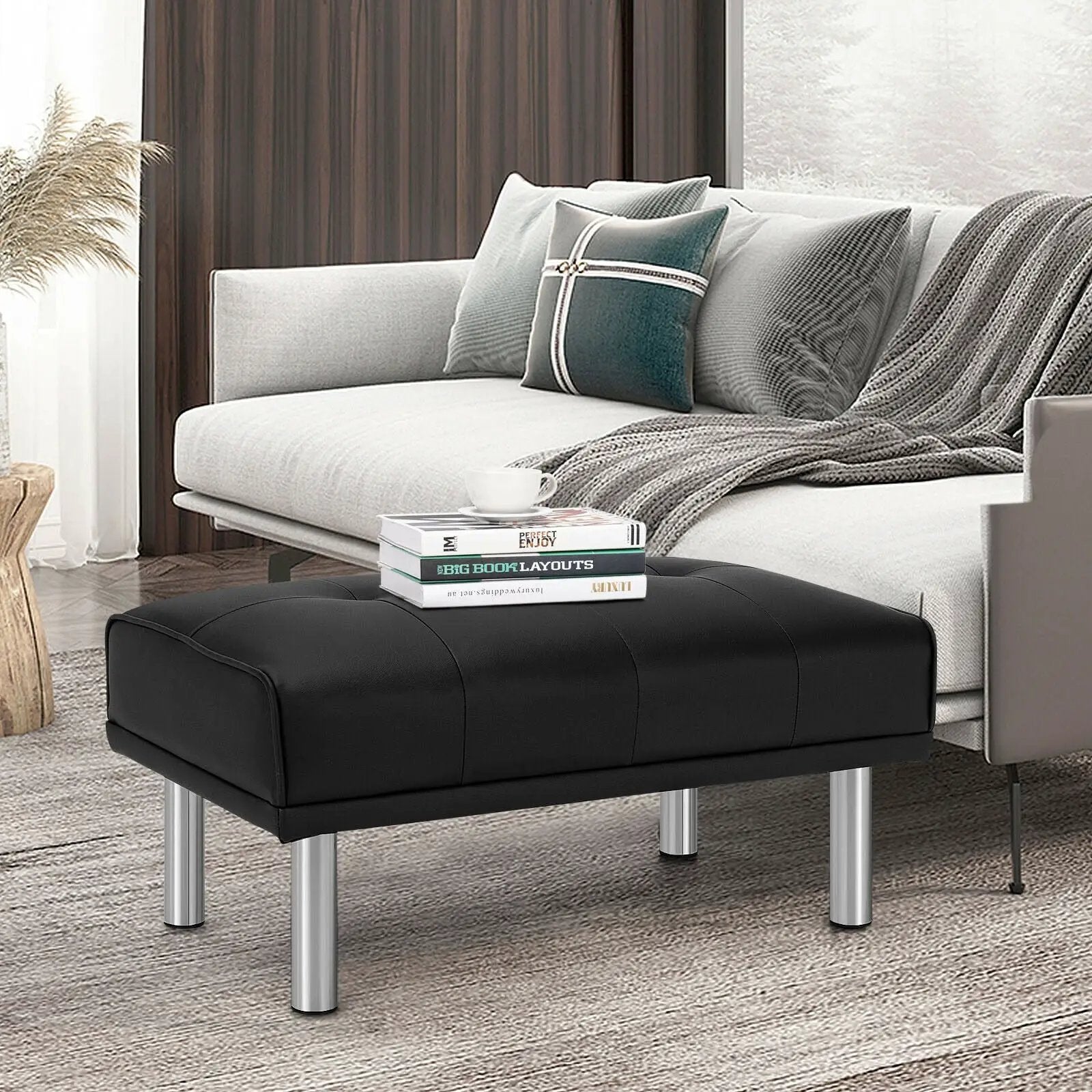 Rectangle Tufted Ottoman with Stainless Steel Legs for Living Room by DirectDeals