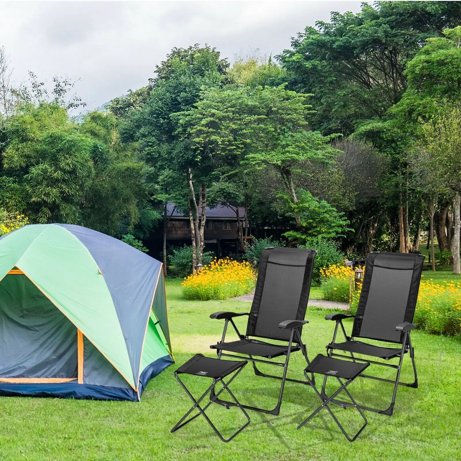 4 Pieces Patio Adjustable Back Folding Dining Chair Ottoman Set by DirectDeals