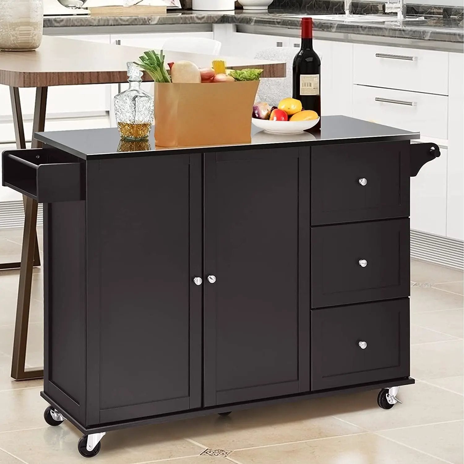 Kitchen Island 2-Door Storage Cabinet with Drawers and Stainless Steel Top by DirectDeals