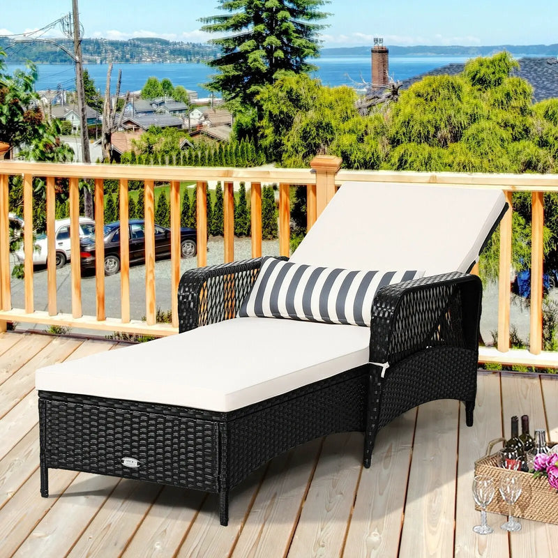 Patio Wicker Chaise Lounge Chair with Pillow and Adjustable Backrest with Cushion-Black by DirectDeals