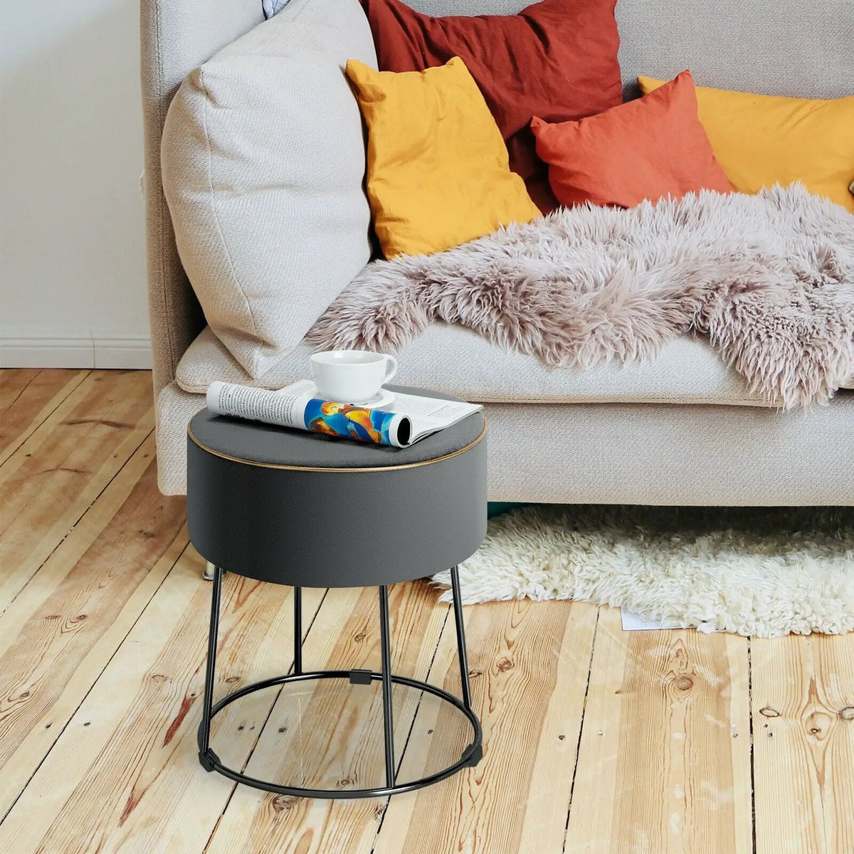 Round Velvet Footrest Stool Ottoman with Non-Slip Foot Pads for Bedside, photo 13 of 16