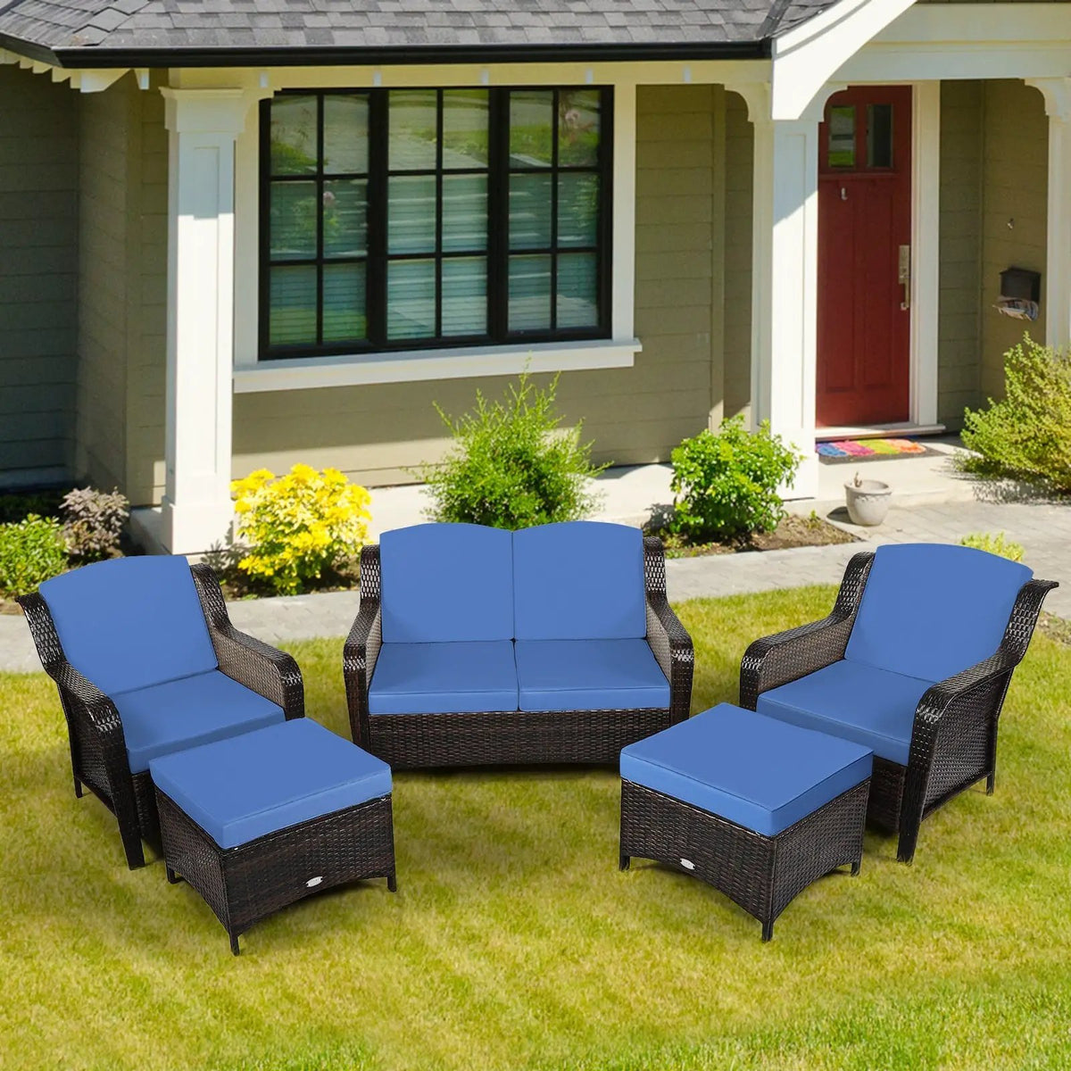 5 Pieces Patio Rattan Sofa Set with Cushion and Ottoman, photo 2 of 10