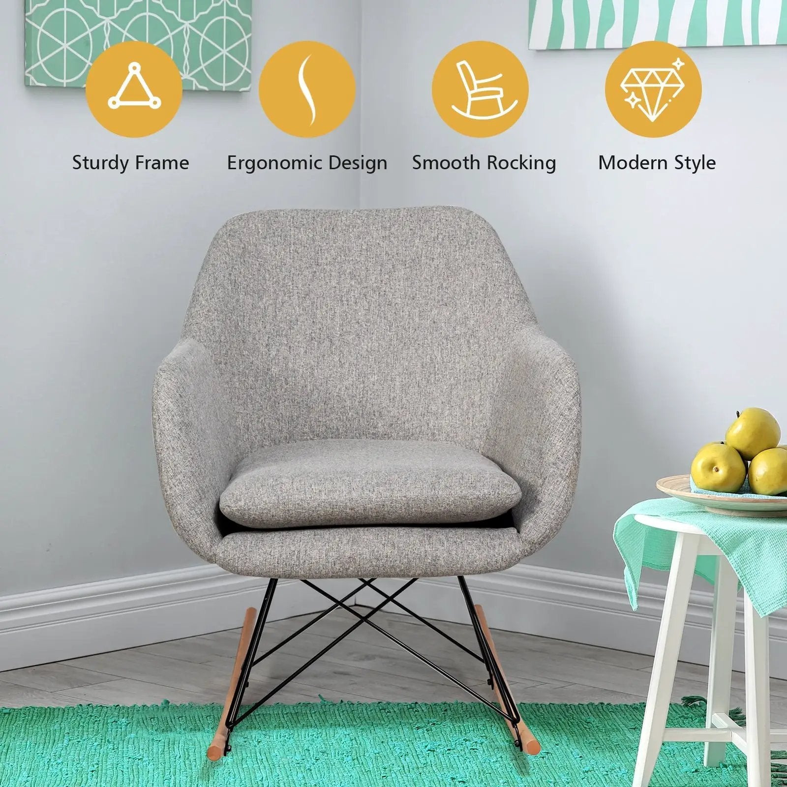 Upholstered Rocking Arm Chair with Solid Steel Wood Leg-Gray by DirectDeals