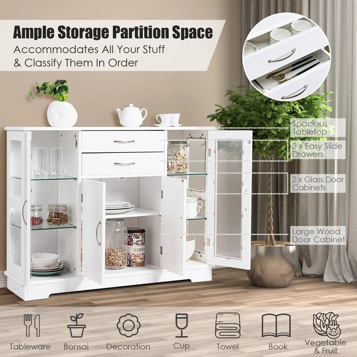Sideboard Buffet Server Storage Cabinet with 2 Drawers and Glass Doors, photo 7 of 9