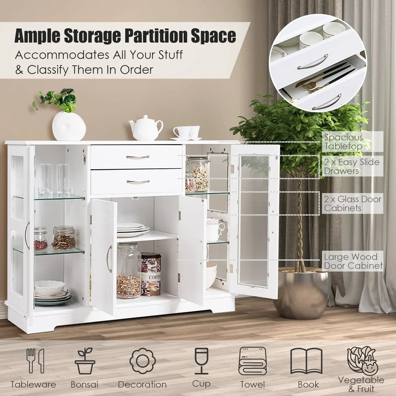 Sideboard Buffet Server Storage Cabinet with 2 Drawers and Glass Doors by DirectDeals