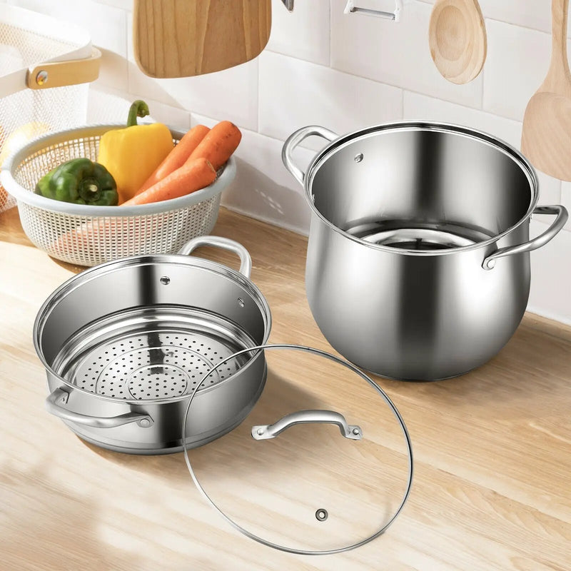 2-Tier Steamer Pot Saucepot Stainless Steel with Tempered Glass Lid by DirectDeals