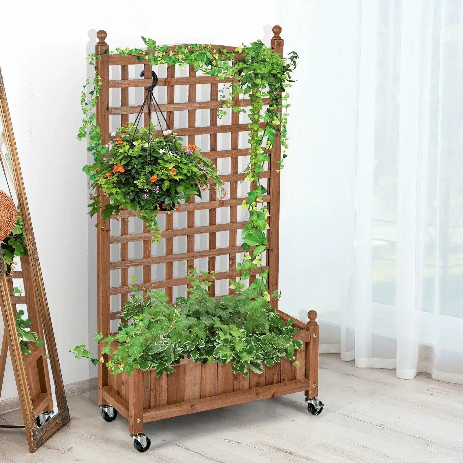50 Inch Wood Planter Box with Trellis Mobile Raised Bed for Climbing Plant by DirectDeals