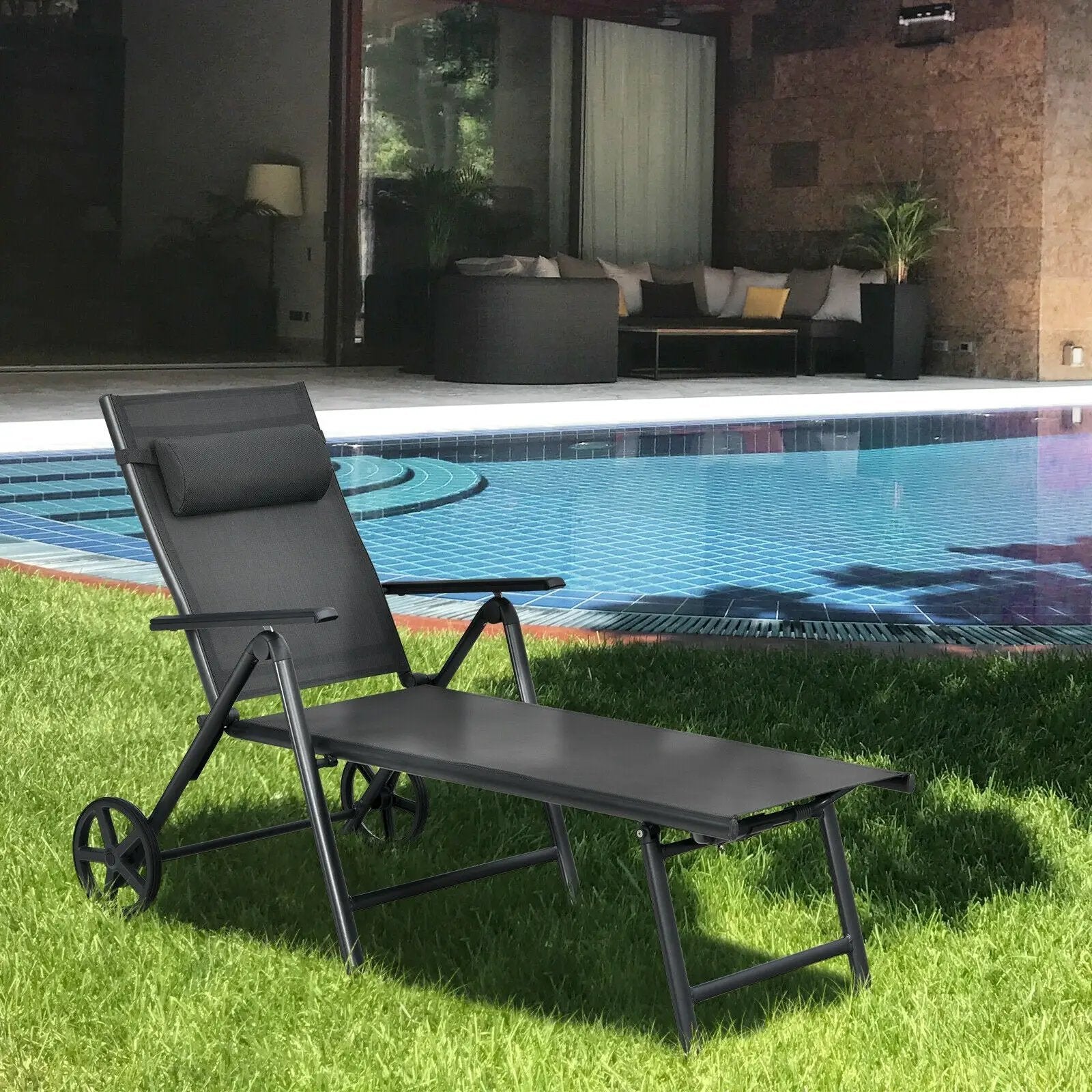 Patio Lounge Chair with Wheels Neck Pillow Aluminum Frame Adjustable-Gray by DirectDeals