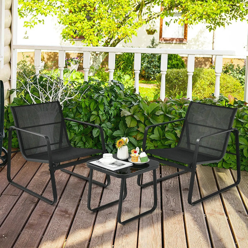 3 Pieces Patio Bistro Furniture Set with Glass Top Table Garden Deck-Black by DirectDeals