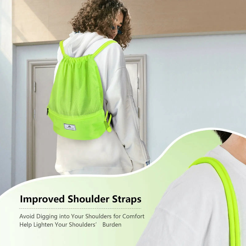 Drawstring Backpack String Bag Foldable Sports Sack with Zipper Pocket-Green by DirectDeals