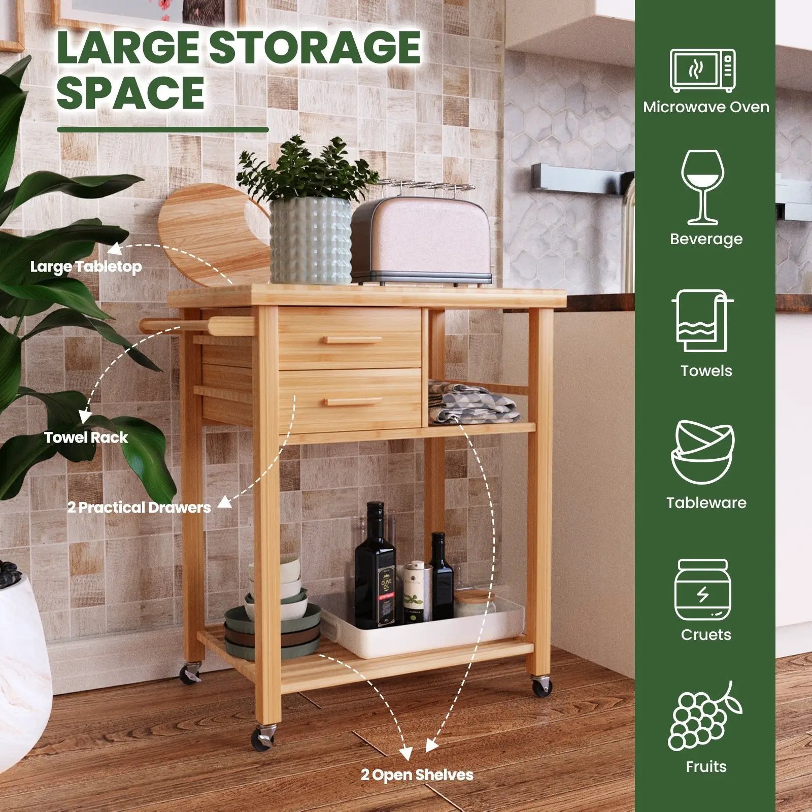 Bamboo Kitchen Trolley Cart with Tower Rack and Drawers by DirectDeals