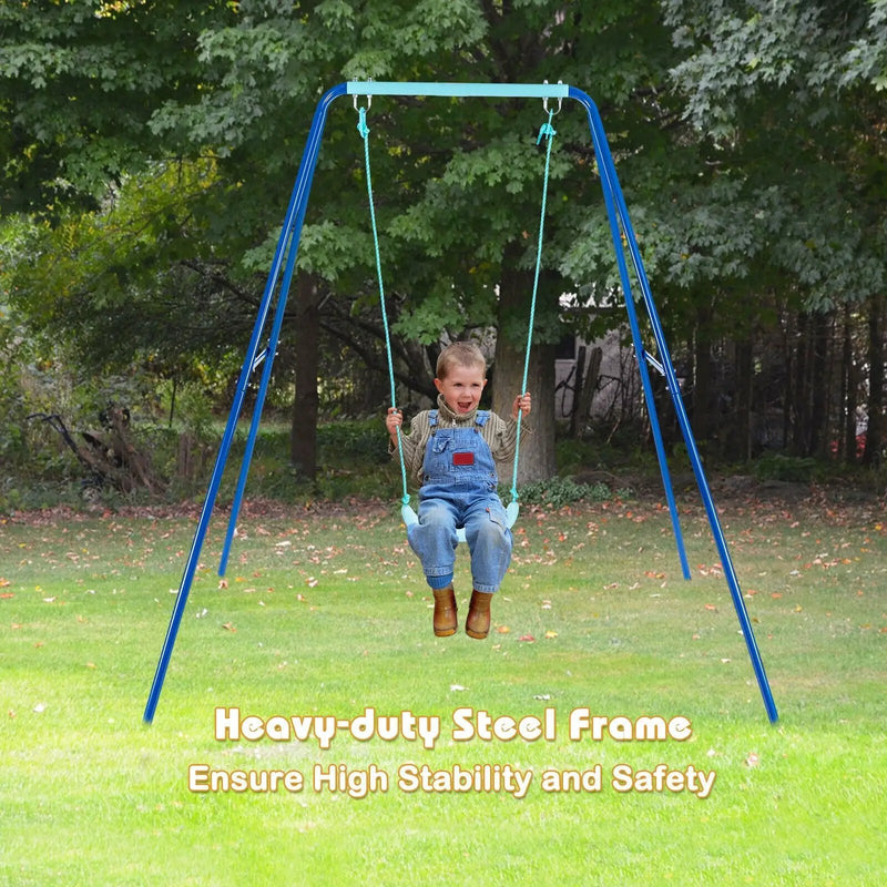 Outdoor Kids Swing Set with Heavy-Duty Metal A-Frame and Ground Stakes by DirectDeals