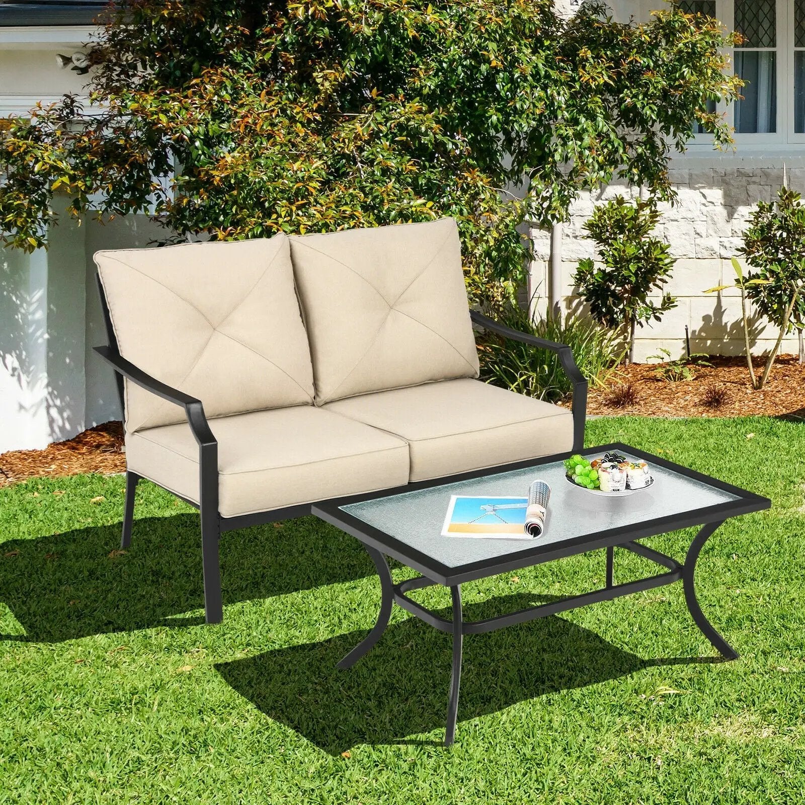 2 Pieces Patio Outdoor Cushioned Sofa Bench with Coffee Table-Beige by DirectDeals