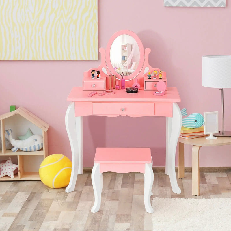 Kids Vanity Princess Makeup Dressing Table Stool Set with Mirror and Drawer by DirectDeals