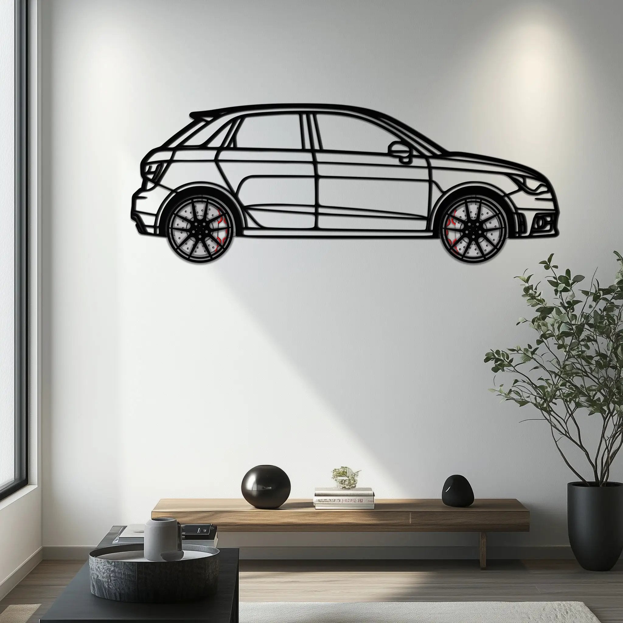 Audi A1 Metal Car Wall Art with Rotating Wheels - Handmade Car Silhouette Decor - Automotive Wall Art for Petrolheads-KAFMEKA094 by Enova Art