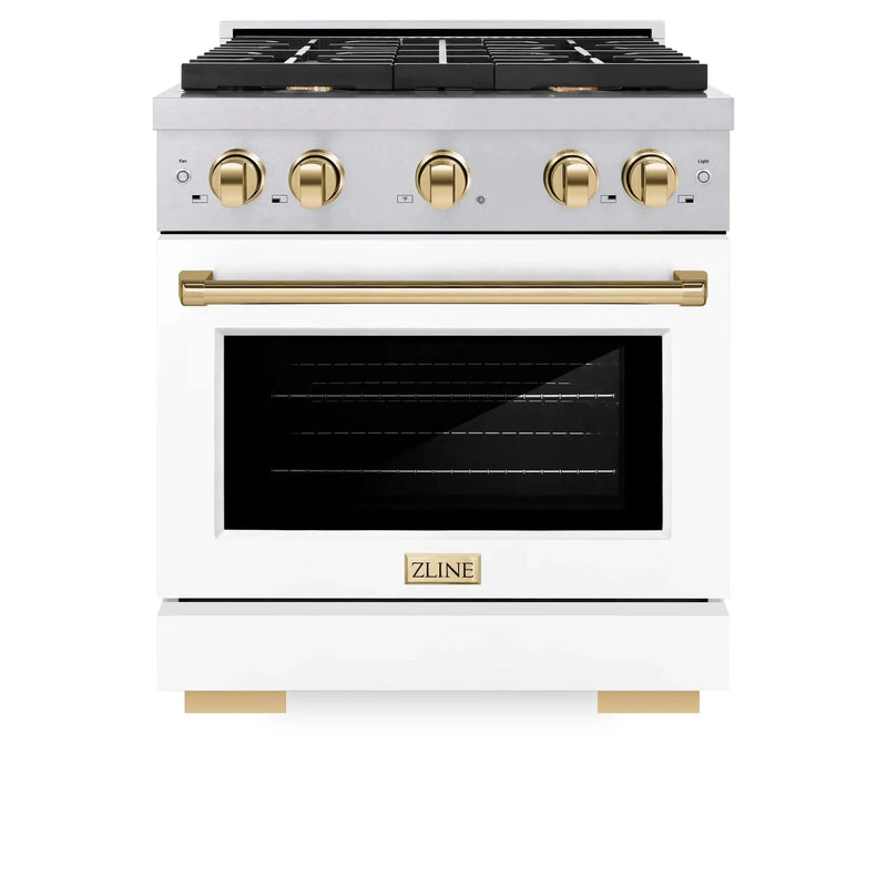 ZLINE 30"Paramount Dual Fuel Range DuraSnow® White Matte, Gold SDRSZ-WM-30-G by Farmhouse Kitchen and Bath