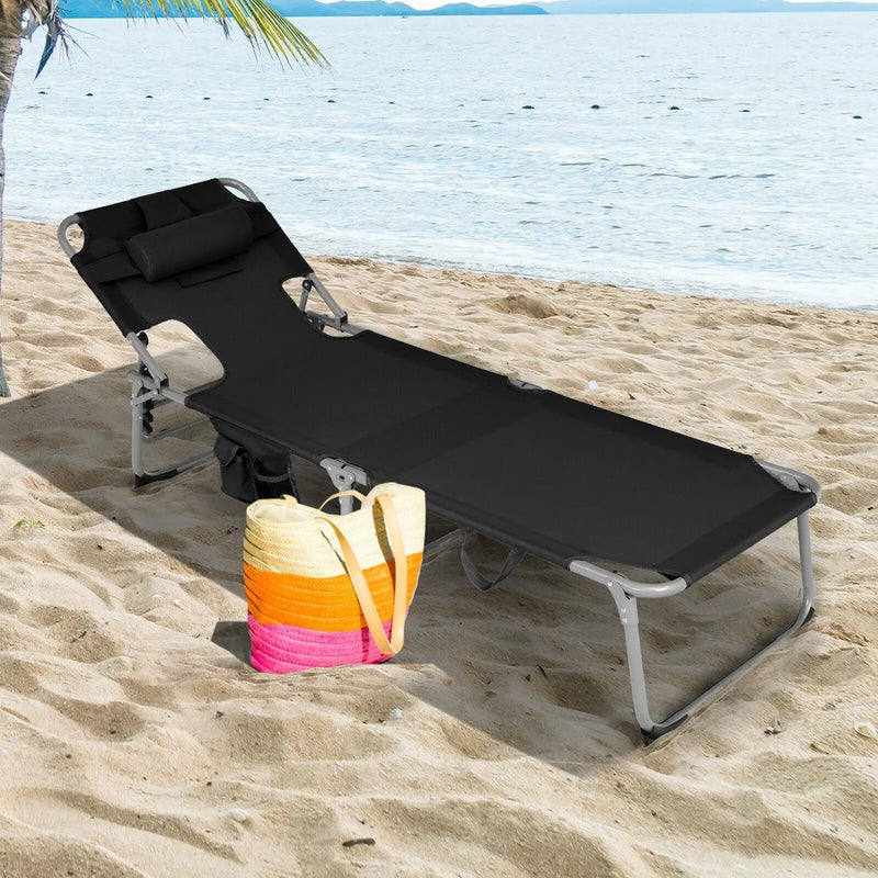 Folding Beach Lounge Chair with Pillow for Outdoor-Black by DirectDeals