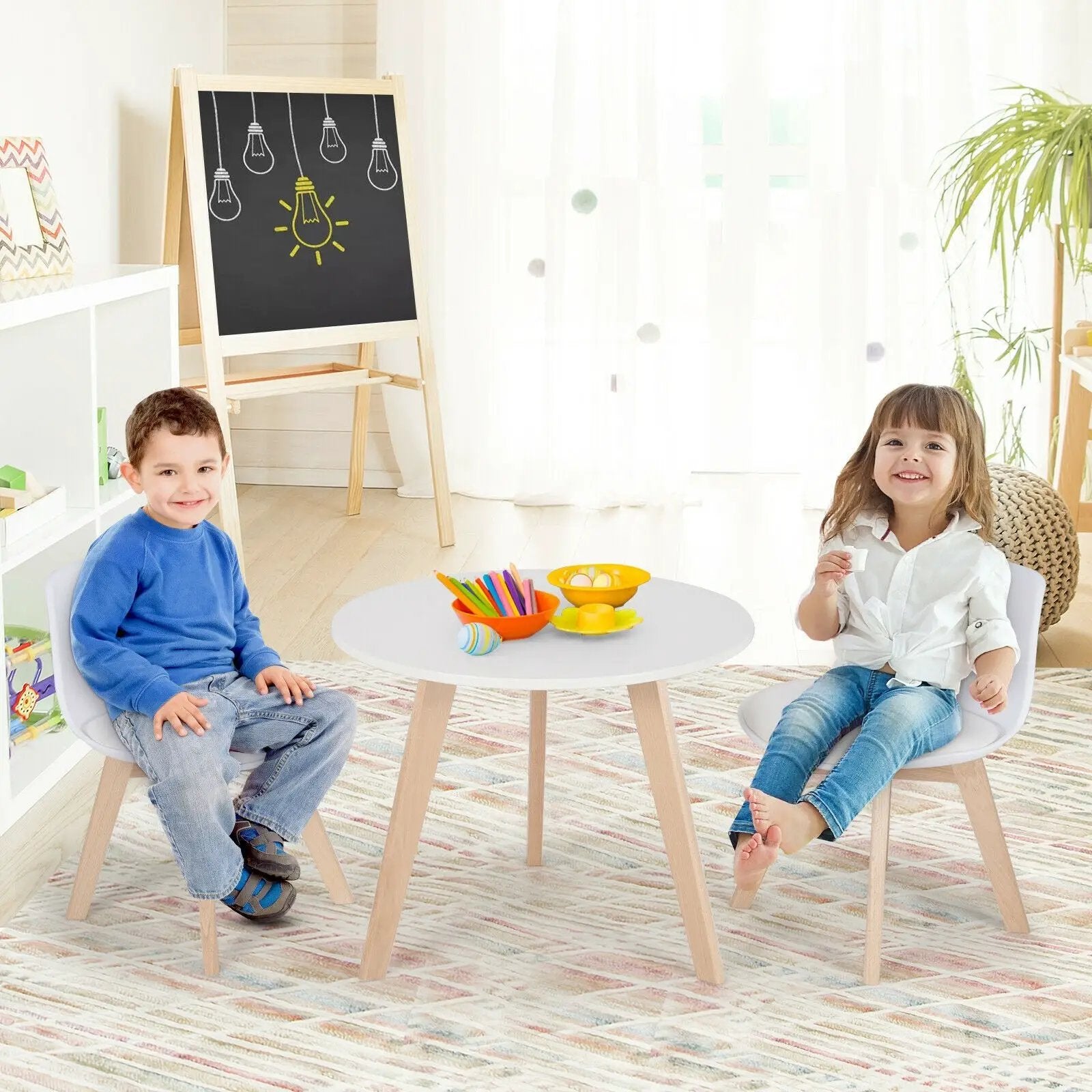 Modern Kids Activity Play Table and 2 Chairs Set with Beech Leg Cushion-White by DirectDeals