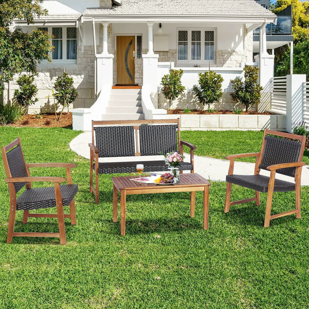 4 Pieces Outdoor Patio Rattan Furniture Sofa Set with Acacia Wood Frame by DirectDeals
