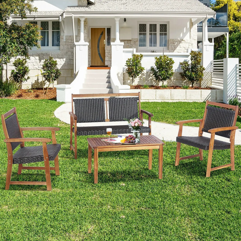 4 Pieces Outdoor Patio Rattan Furniture Sofa Set with Acacia Wood Frame by DirectDeals