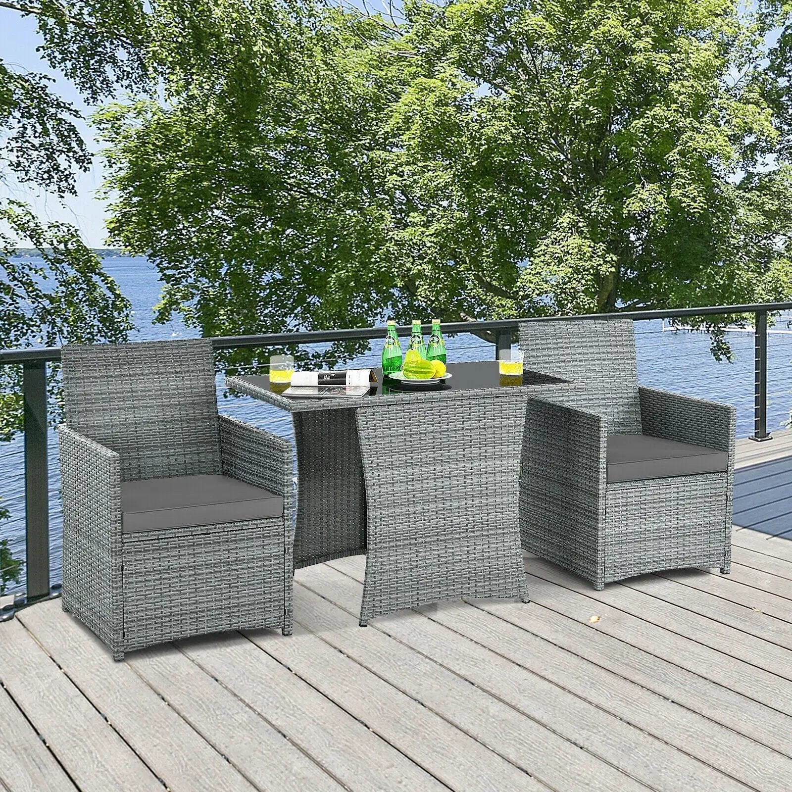 3 Pieces Patio Rattan Furniture Set with Cushioned Armrest Sofa by DirectDeals